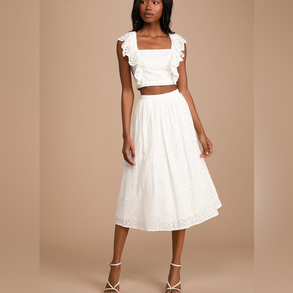 White eyelet set , midi + top
